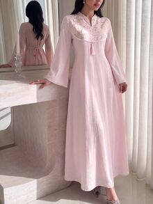 Al Najma Spring/Autumn V-Neck Bell Sleeve Beaded Embroidered Patchwork Waist-Cinching Pink Dress Going Out - Baby Pink - View 6
