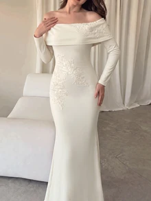 Modelyn Women's Elegant Off-Shoulder High-End Heavy Embellished Delicate 3D Floral Mermaid Hem Formal Evening Ceremony Long Sleeve Dress - Apricot - View 9