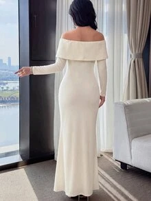Modelyn Women's Elegant Off-Shoulder High-End Heavy Embellished Delicate 3D Floral Mermaid Hem Formal Evening Ceremony Long Sleeve Dress - Apricot - View 2