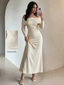 Modelyn Women's Elegant Off-Shoulder High-End Heavy Embellished Delicate 3D Floral Mermaid Hem Formal Evening Ceremony Long Sleeve Dress - Apricot - View 3