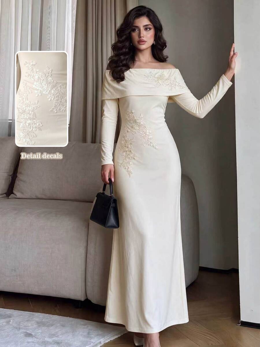 Modelyn Women's Elegant Off-Shoulder High-End Heavy Embellished Delicate 3D Floral Mermaid Hem Formal Evening Ceremony Long Sleeve Dress - Apricot - View 1