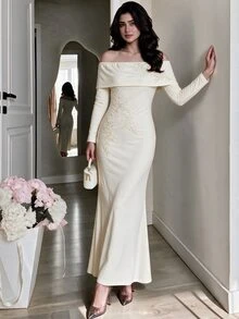 Modelyn Women's Elegant Off-Shoulder High-End Heavy Embellished Delicate 3D Floral Mermaid Hem Formal Evening Ceremony Long Sleeve Dress - Apricot - View 4