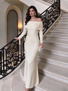 Modelyn Women's Elegant Off-Shoulder High-End Heavy Embellished Delicate 3D Floral Mermaid Hem Formal Evening Ceremony Long Sleeve Dress - Apricot - View 7