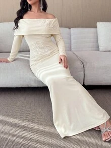 Modelyn Women's Elegant Off-Shoulder High-End Heavy Embellished Delicate 3D Floral Mermaid Hem Formal Evening Ceremony Long Sleeve Dress - Apricot - View 8