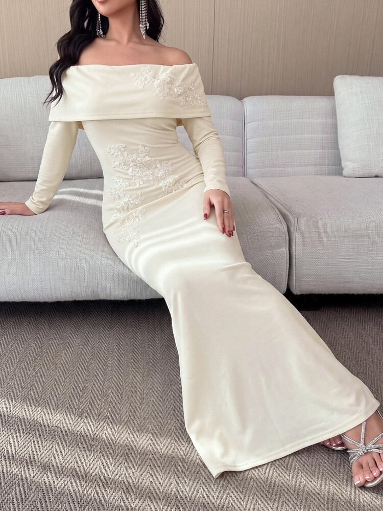 Modelyn Women's Elegant Off-Shoulder High-End Heavy Embellished Delicate 3D Floral Mermaid Hem Formal Evening Ceremony Long Sleeve Dress - Apricot - View 8
