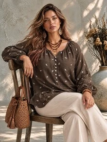 Ceyna Plus Size Women's French Casual Boho Elegant Faux Embroidery Print Long Sleeve Blouse Vacation Brown Fall - Brown - View 1