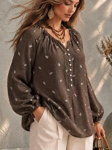 Ceyna Plus Size Women's French Casual Boho Elegant Faux Embroidery Print Long Sleeve Blouse Vacation Brown Fall - Brown - View 8