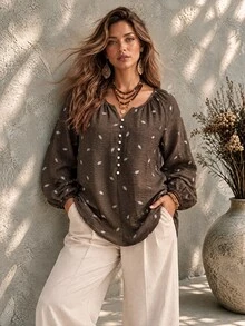 Ceyna Plus Size Women's French Casual Boho Elegant Faux Embroidery Print Long Sleeve Blouse Vacation Brown Fall - Brown - View 5