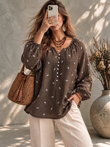 Ceyna Plus Size Women's French Casual Boho Elegant Faux Embroidery Print Long Sleeve Blouse Vacation Brown Fall - Brown - View 7