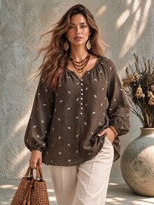 Ceyna Plus Size Women's French Casual Boho Elegant Faux Embroidery Print Long Sleeve Blouse Vacation Brown Fall - Brown - View 6