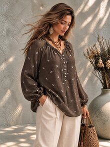 Ceyna Plus Size Women's French Casual Boho Elegant Faux Embroidery Print Long Sleeve Blouse Vacation Brown Fall - Brown - View 3