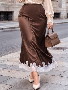 Vionelle Plus Size Women's French Casual Elegant Lace Trim Patchwork Skirt Brunch Party Office Evening Brown Fall - Brown - View 5