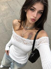 Autumina Women's Autumn/Winter Solid Color Y2K Minimalist Sexy Lace Cold Shoulder Ribbed Long Sleeve American Hot Girl Fitted Cropped Base Layer Top - Apricot - View 3
