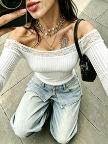 Autumina Women's Autumn/Winter Solid Color Y2K Minimalist Sexy Lace Cold Shoulder Ribbed Long Sleeve American Hot Girl Fitted Cropped Base Layer Top - Apricot - View 4