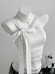 Elamini 女款甜美波點撞色蕾絲露肩蝴蝶結綁帶上衣 - 白色 - 查看 2