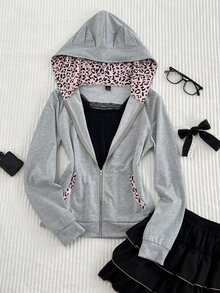 Elamini Vintage Sweet & Spicy Y2K Grey & Pink Patchwork Leopard Print Cat Ear Hooded Slim Fit Sweatshirt - Grey - View 7