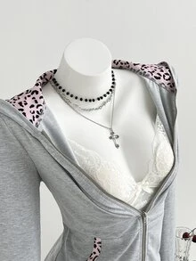 Elamini Vintage Sweet & Spicy Y2K Grey & Pink Patchwork Leopard Print Cat Ear Hooded Slim Fit Sweatshirt - Grey - View 4