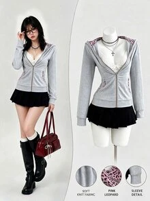 Elamini Vintage Sweet & Spicy Y2K Grey & Pink Patchwork Leopard Print Cat Ear Hooded Slim Fit Sweatshirt - Grey - View 3