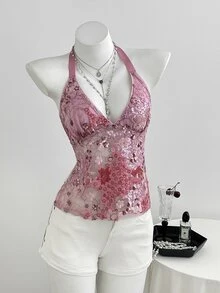 Elamini Spring/Summer Sweet Sexy Pink Sheer Lace Floral Sequin Patchwork Tie-Up V-Neck Slim Fit Halter Tank Top - Hot Pink - View 6
