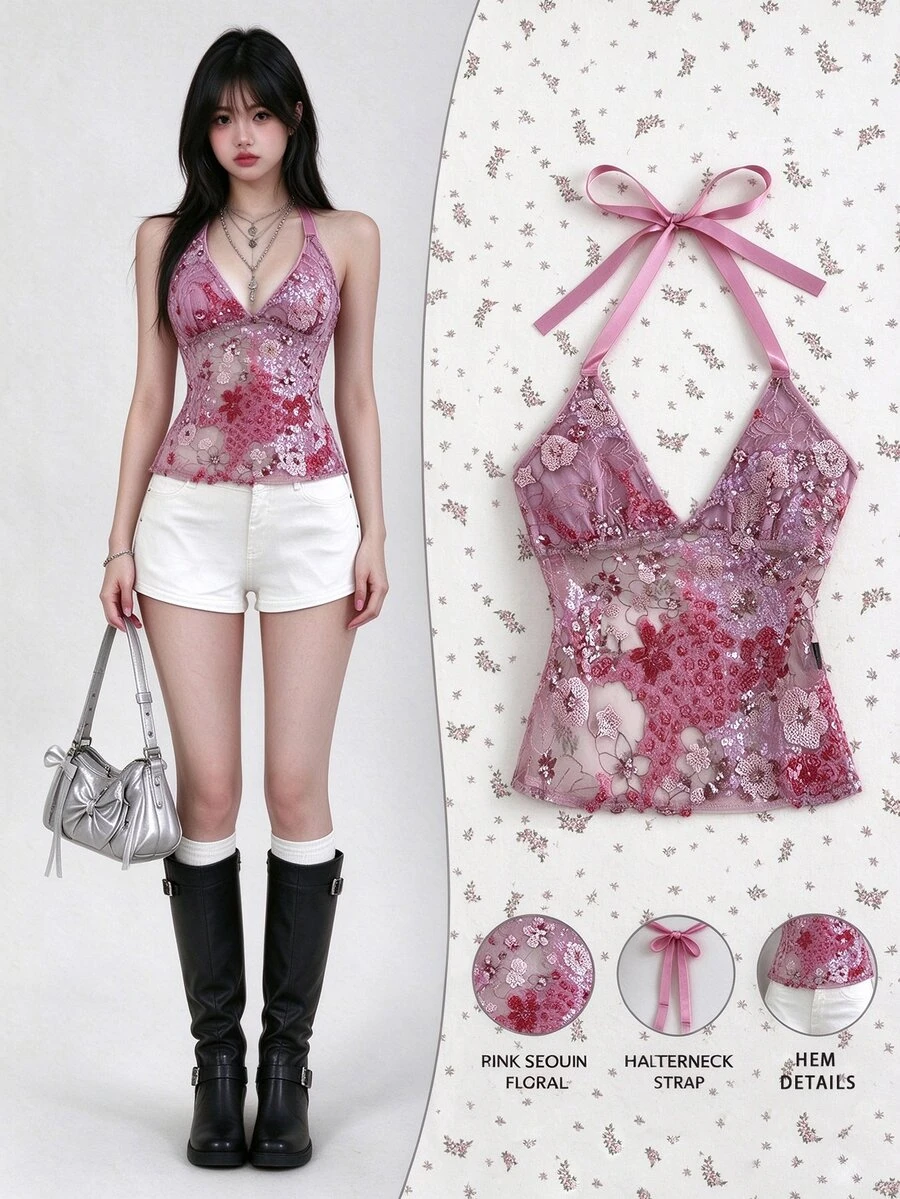 Elamini Spring/Summer Sweet Sexy Pink Sheer Lace Floral Sequin Patchwork Tie-Up V-Neck Slim Fit Halter Tank Top - Hot Pink - View 1
