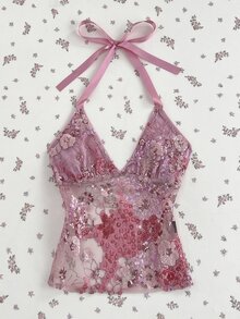 Elamini Spring/Summer Sweet Sexy Pink Sheer Lace Floral Sequin Patchwork Tie-Up V-Neck Slim Fit Halter Tank Top - Hot Pink - View 2