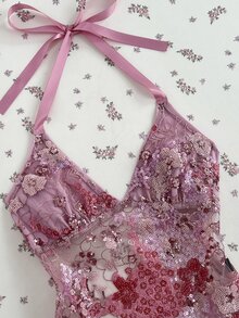 Elamini Spring/Summer Sweet Sexy Pink Sheer Lace Floral Sequin Patchwork Tie-Up V-Neck Slim Fit Halter Tank Top - Hot Pink - View 4