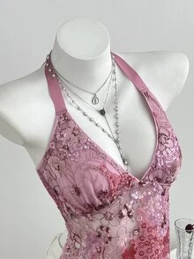 Elamini Spring/Summer Sweet Sexy Pink Sheer Lace Floral Sequin Patchwork Tie-Up V-Neck Slim Fit Halter Tank Top - Hot Pink - View 5