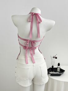 Elamini Spring/Summer Sweet Sexy Pink Sheer Lace Floral Sequin Patchwork Tie-Up V-Neck Slim Fit Halter Tank Top - Hot Pink - View 3