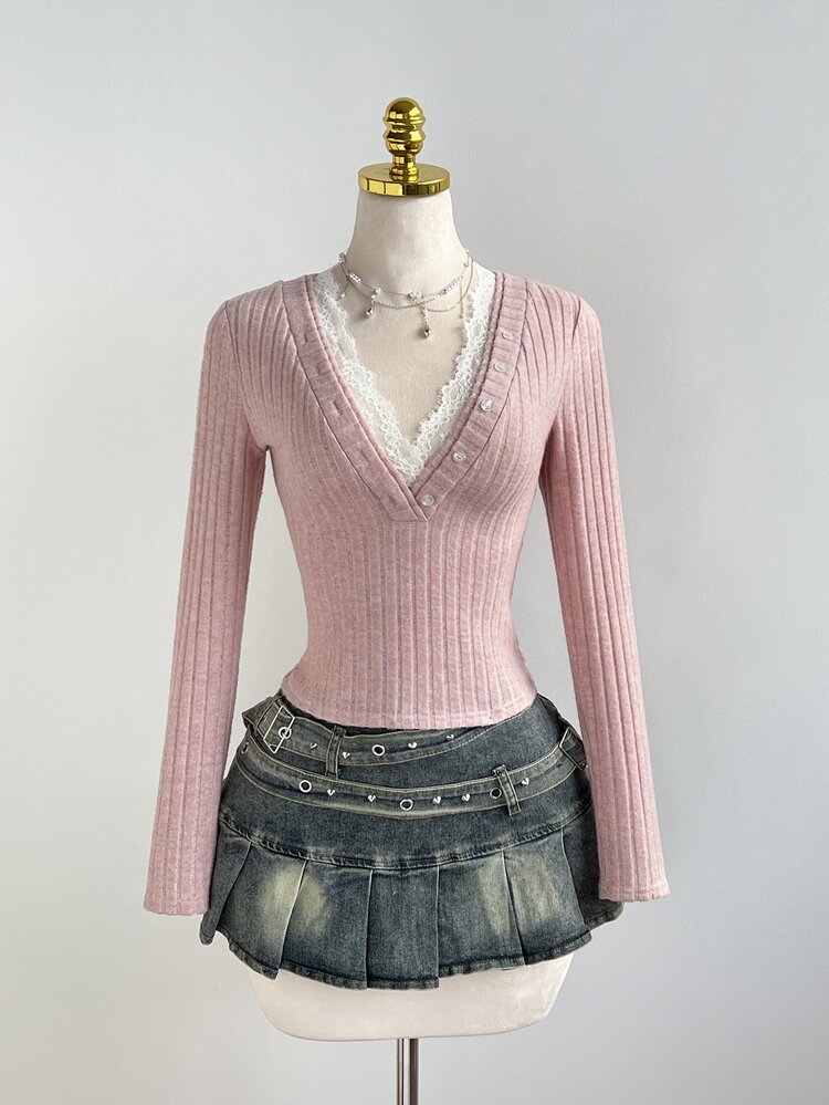 Elamini Camiseta de manga larga con escote en V profundo, ajuste ceñido y encaje texturizado, dulce y lindo, primavera - Rosa - Añade 5
