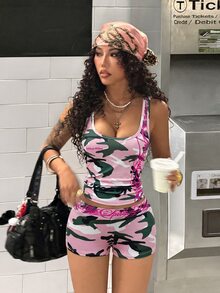StreetHx 女士时尚迷彩印花背心和短裤两件套 - 彩色 - 查看 5