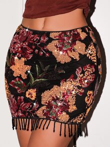 Glamine 重工珠飾刺繡黑色花卉迷你裙，復古圖案，高腰剪裁，直筒長度，流蘇下擺，優雅性感風，適合派對之夜 - 黑色 - 查看 6