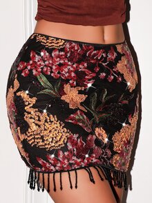 Glamine 重工珠飾刺繡黑色花卉迷你裙，復古圖案，高腰剪裁，直筒長度，流蘇下擺，優雅性感風，適合派對之夜 - 黑色 - 查看 4