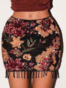 Glamine 重工珠飾刺繡黑色花卉迷你裙，復古圖案，高腰剪裁，直筒長度，流蘇下擺，優雅性感風，適合派對之夜 - 黑色 - 查看 5
