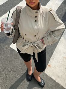Muchica Plus Size Women Solid Color Waist Tie Casual Versatile Trench Coat Jacket Fall - Khaki - View 4