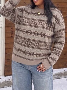 SHEIN EZwear Plus Size Women's Striped Crew Neck Long Sleeve Casual Versatile Sweater Christmas Winter - Multicolor - View 6