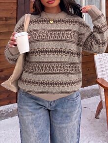 SHEIN EZwear Plus Size Women's Striped Crew Neck Long Sleeve Casual Versatile Sweater Christmas Winter - Multicolor - View 10