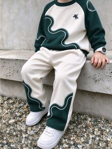 Casuvi Kids Boys' 2 Pieces Fleece Lined Set, Colorblock Print Long Sleeve Top With Elastic Drawstring Pants, Loose Fit Sportswear, Suitable For Little Boys Outdoor Daily Wear - Multicolor - View 3