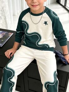 Casuvi Kids Boys' 2 Pieces Fleece Lined Set, Colorblock Print Long Sleeve Top With Elastic Drawstring Pants, Loose Fit Sportswear, Suitable For Little Boys Outdoor Daily Wear - Multicolor - View 4