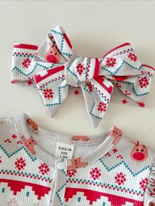 SHEIN Newborn Long Sleeve Footed Jumpsuit With Headband 2-Piece Set, Knitted Fabric, Cute Style, All-Season Wear, Adorable Floral Digital Print Pattern - Multicolor - View 6