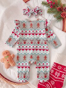 SHEIN Newborn Long Sleeve Footed Jumpsuit With Headband 2-Piece Set, Knitted Fabric, Cute Style, All-Season Wear, Adorable Floral Digital Print Pattern - Multicolor - View 2