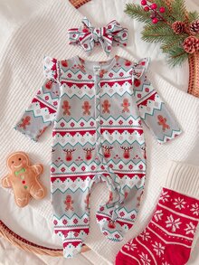 SHEIN Newborn Long Sleeve Footed Jumpsuit With Headband 2-Piece Set, Knitted Fabric, Cute Style, All-Season Wear, Adorable Floral Digital Print Pattern - Multicolor - View 9