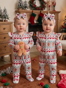 SHEIN Newborn Long Sleeve Footed Jumpsuit With Headband 2-Piece Set, Knitted Fabric, Cute Style, All-Season Wear, Adorable Floral Digital Print Pattern - Multicolor - View 1
