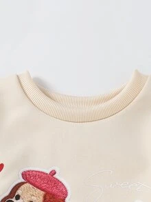 SHEIN 2件組幼女甜酷動物貼布圖案圓領落肩長袖運動衫與粉色豹紋喇叭褲秋季套裝 - 粉色 - 查看 6
