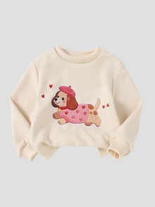 SHEIN 2件組幼女甜酷動物貼布圖案圓領落肩長袖運動衫與粉色豹紋喇叭褲秋季套裝 - 粉色 - 查看 7