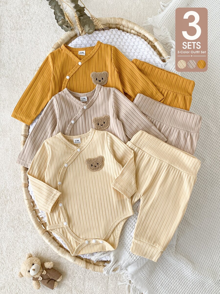 SHEIN Vintaside Kids 3套新生女嬰和服上衣+長褲,可愛甜美黃色米色奶油色螺紋毛絨熊長袖秋季假期針織套頭毛衣 - 彩色 - 查看 1