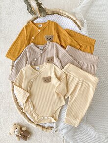 SHEIN Vintaside Kids 3套新生女嬰和服上衣+長褲，可愛甜美黃色米色奶油色螺紋毛絨熊長袖秋季假期針織套頭毛衣 - 彩色 - 查看 4