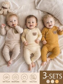 SHEIN Vintaside Kids 3套新生女嬰和服上衣+長褲，可愛甜美黃色米色奶油色螺紋毛絨熊長袖秋季假期針織套頭毛衣 - 彩色 - 查看 3