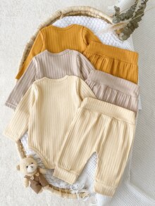 SHEIN Vintaside Kids 3套新生女嬰和服上衣+長褲，可愛甜美黃色米色奶油色螺紋毛絨熊長袖秋季假期針織套頭毛衣 - 彩色 - 查看 2