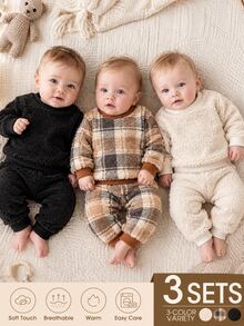 SHEIN Vintaside Kids 3套幼兒男童運動衫+慢跑褲 可愛黑色米色白色格紋印花 絨毛羊羔絨長袖圓領加厚款 假日冬季聖誕秋季 - 彩色 - 查看 3