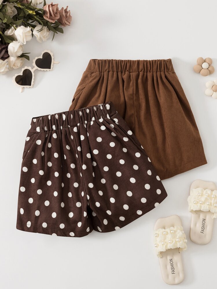 SHEIN Girls' Corduroy Skirt Shorts, 2 In 1 Wrap A-Line Mini Skirt With Solid Color + Brown Shorts, Suitable For Daily Wear And Outings - Brown - View 2